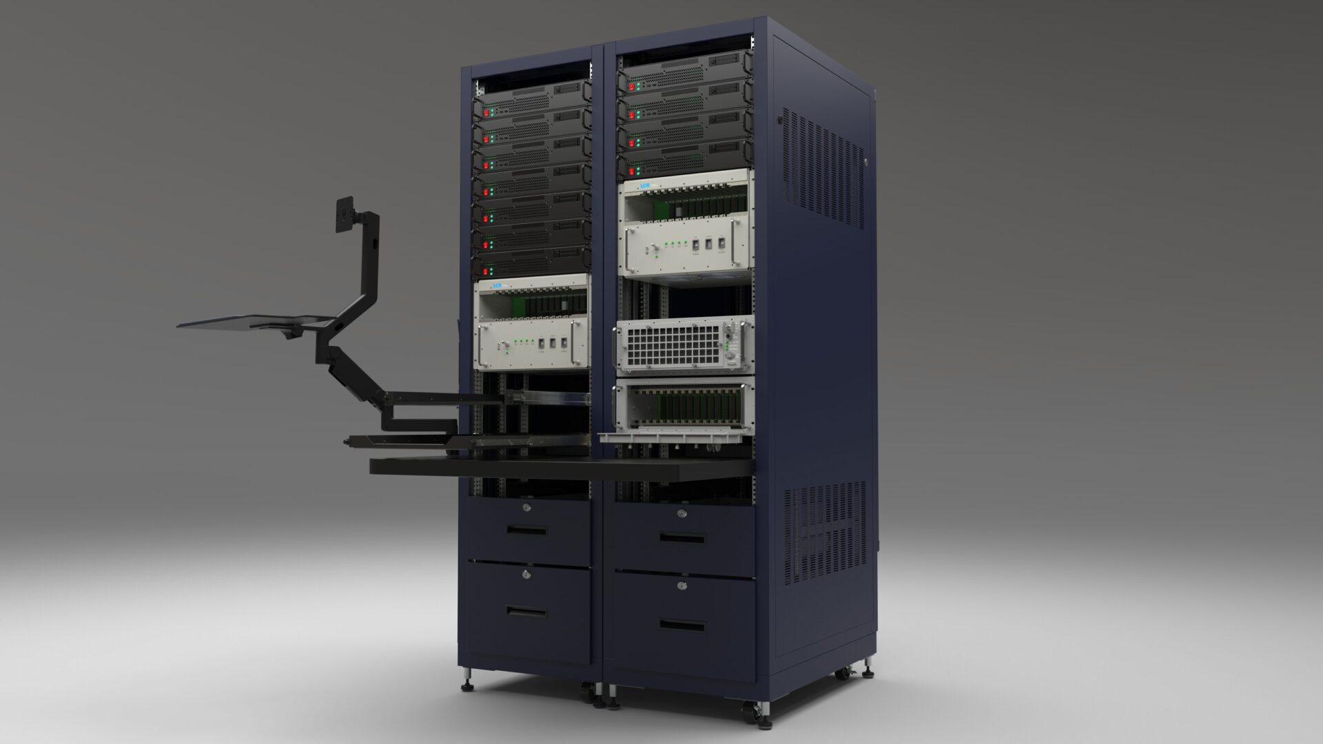 Emcor 10 Series test racks provide modular 19-inch EIA enclosures engineered for lab instrumentation, rugged test stations, and MIL-STD compliant environments.