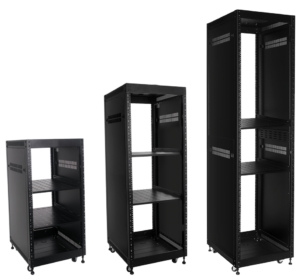 3 black audio-visual racks