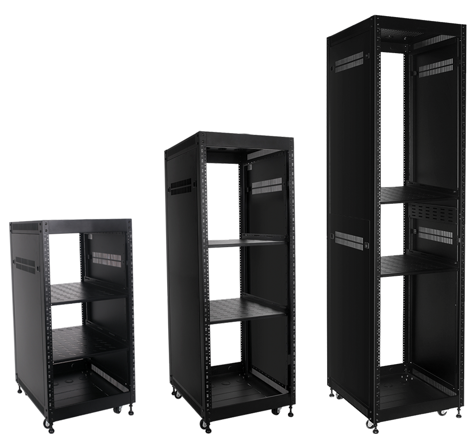 3 black audio-visual racks