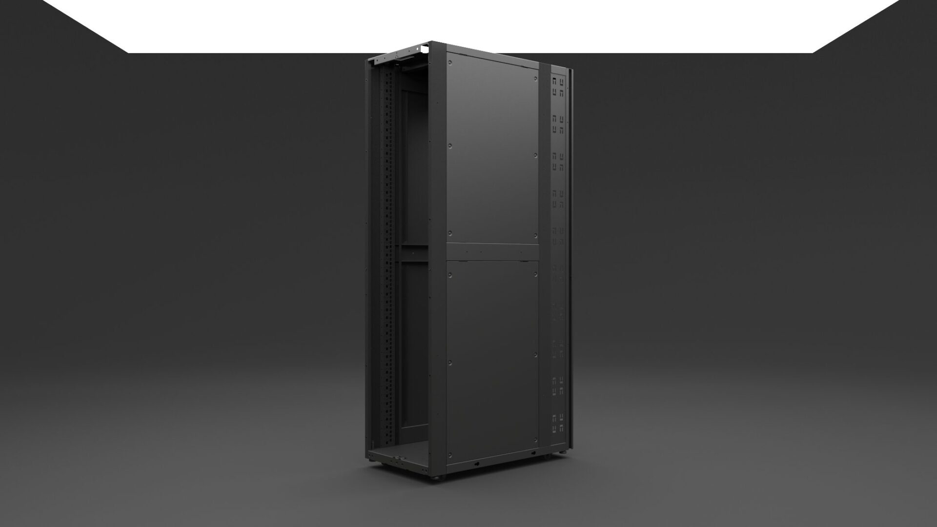 Front view of Emcor OCP ORV3 compliant server rack with open bay and integrated cable management