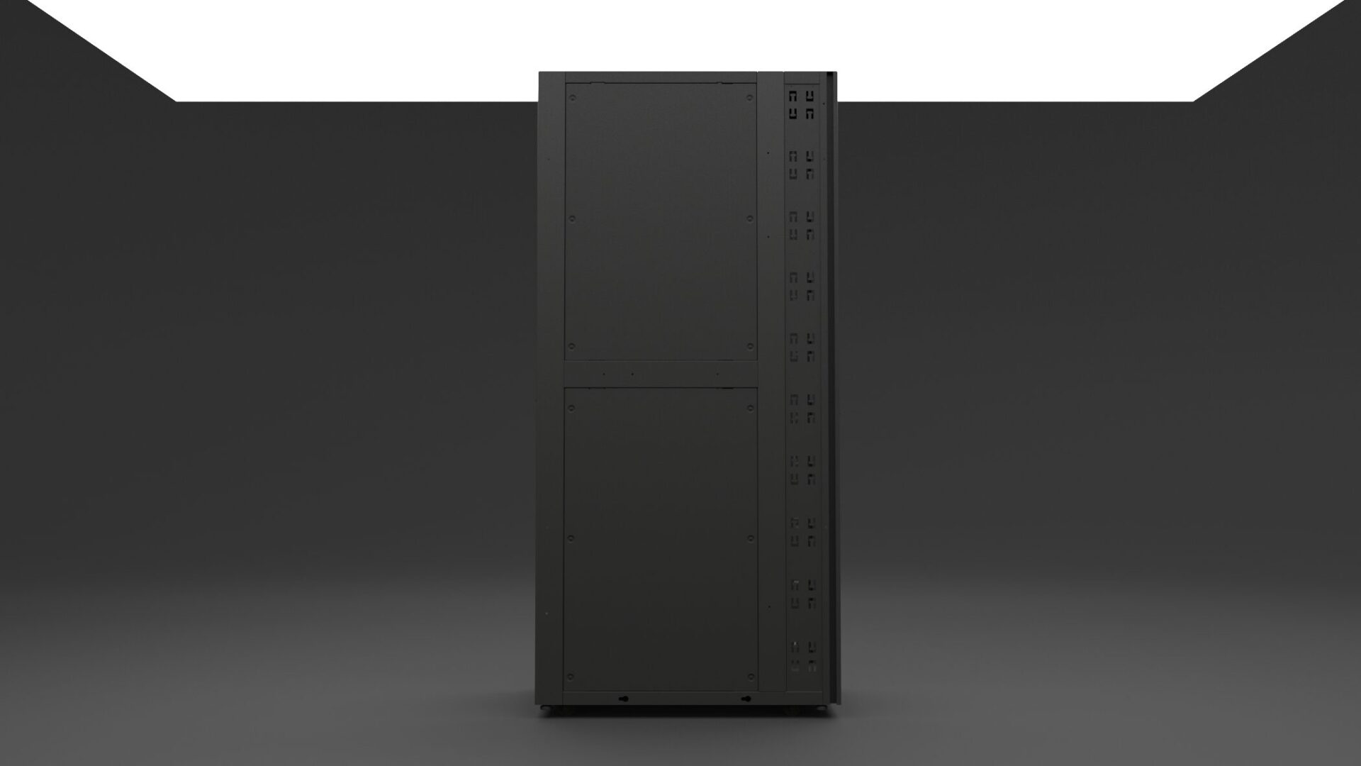 Front view of Emcor OCP ORV3 compliant server rack with open bay and integrated cable management