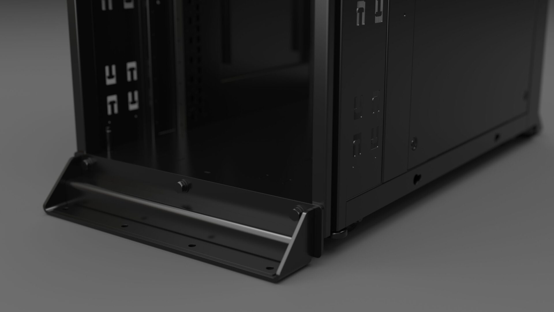 Front view of Emcor OCP ORV3 compliant server rack with open bay and integrated cable management