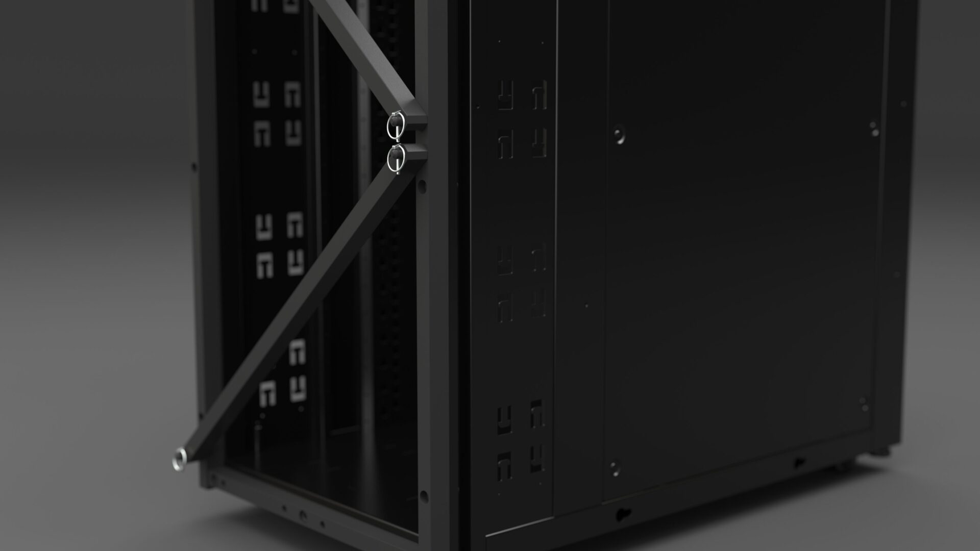 Front view of Emcor OCP ORV3 compliant server rack with open bay and integrated cable management