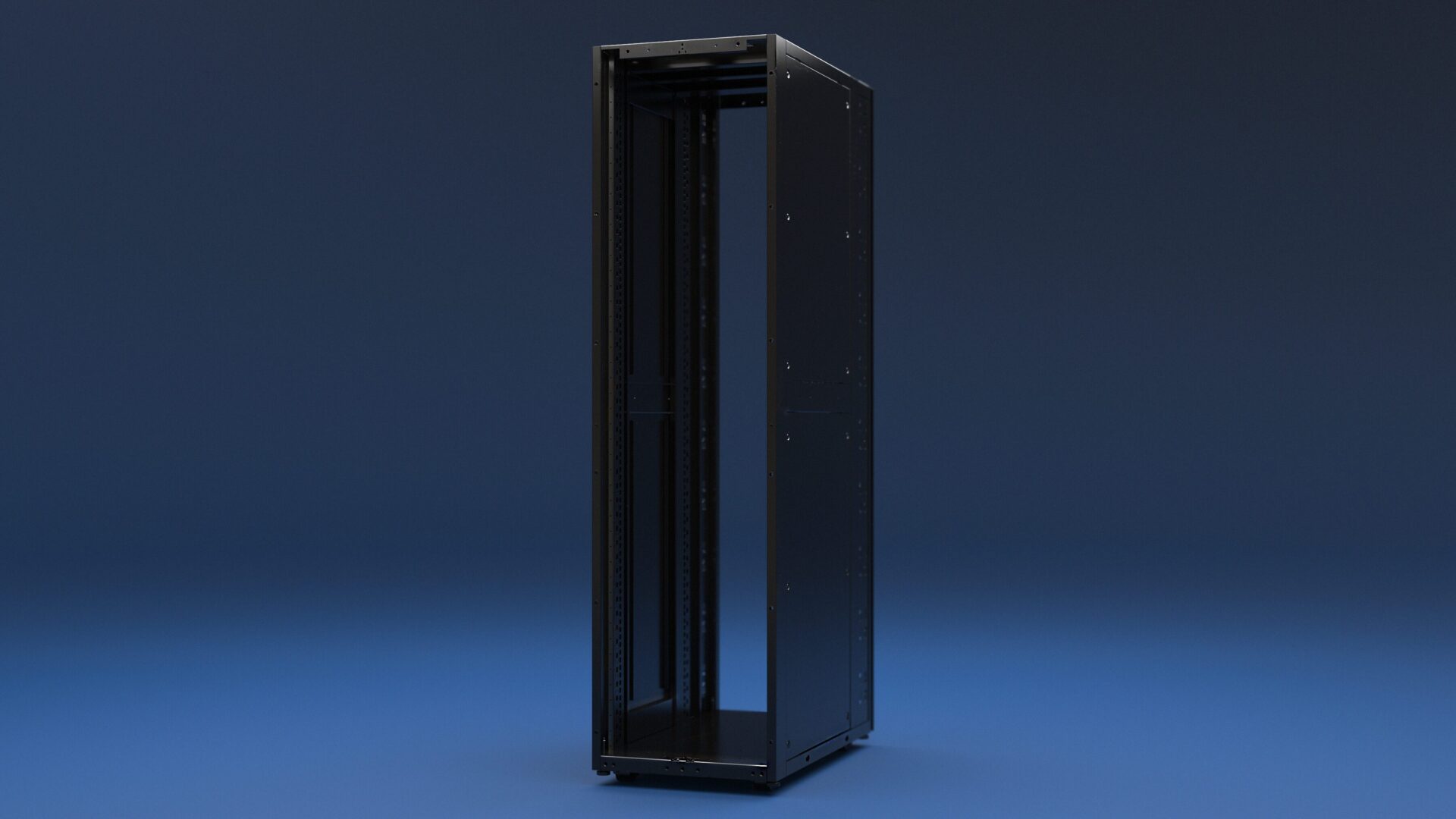 Front view of Emcor OCP ORV3 compliant server rack with open bay and integrated cable management