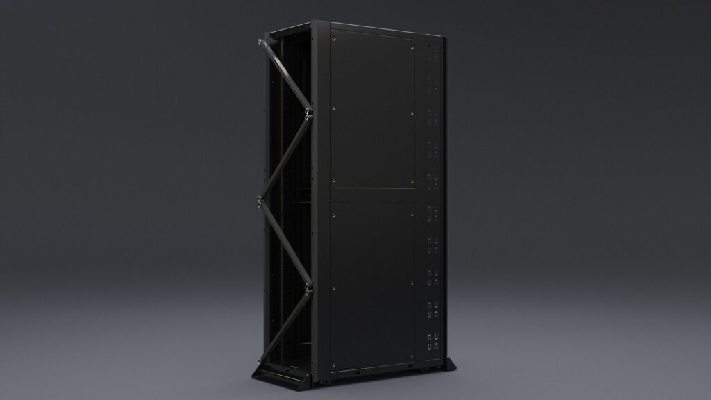 Front view of Emcor OCP ORV3 compliant server rack with open bay and integrated cable management