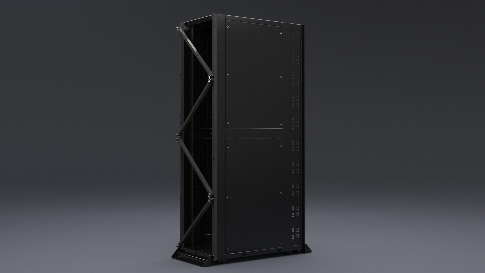 Front view of Emcor OCP ORV3 compliant server rack with open bay and integrated cable management
