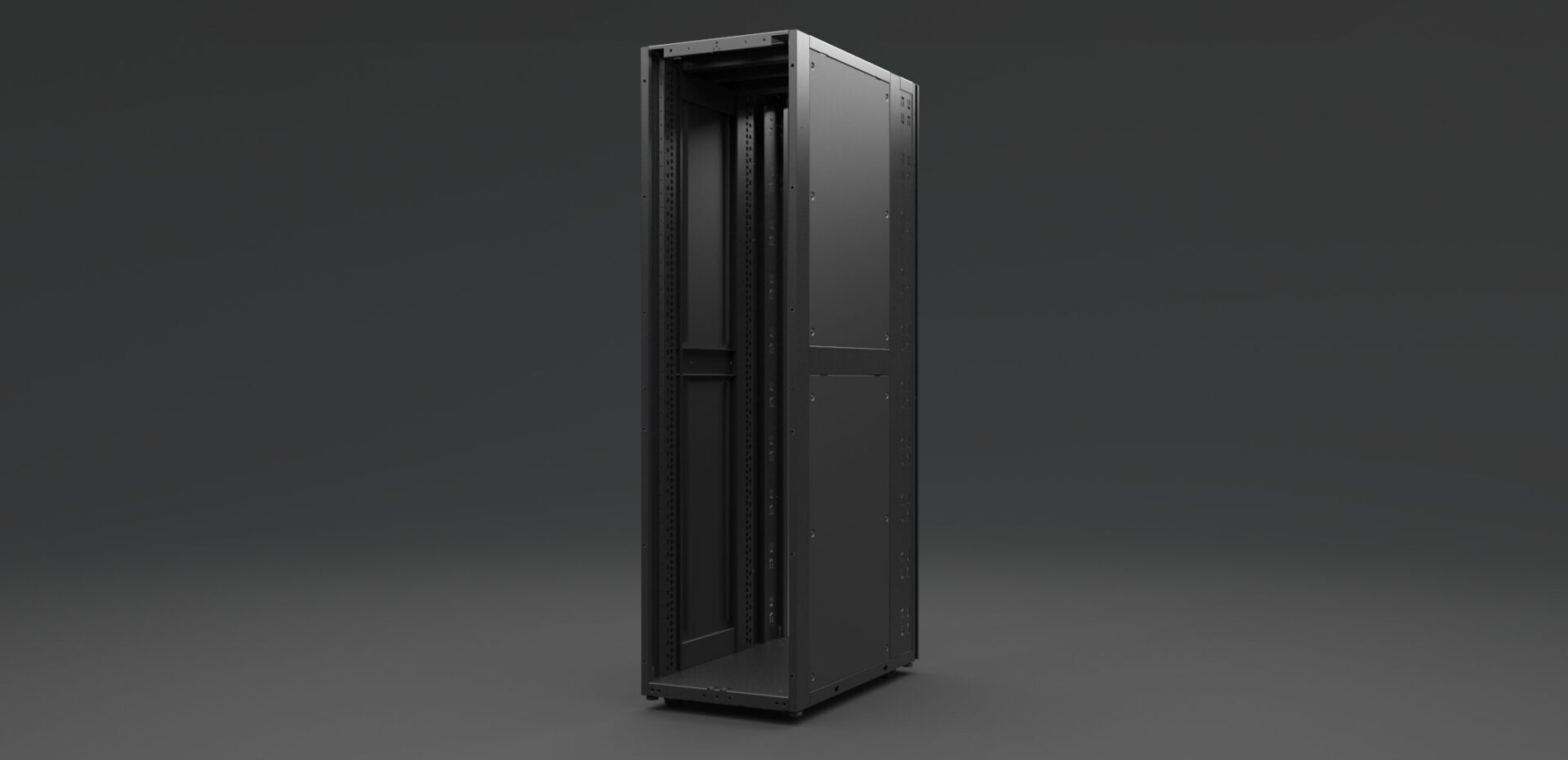 Front view of Emcor OCP ORV3 compliant server rack with open bay and integrated cable management