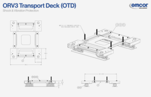 High-strength OCP ORV3 Shock and Vibration Pallet by Emcor, featuring isolators, leveling feet, and lift assembly for stable transport of fully integrated racks and enclosures.