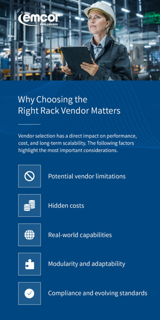 Why Choosing the Right Rack Vendor Matters: Key considerations including vendor limitations, hidden costs, real-world capabilities, modularity and adaptability, and compliance standards - Emcor Enclosures