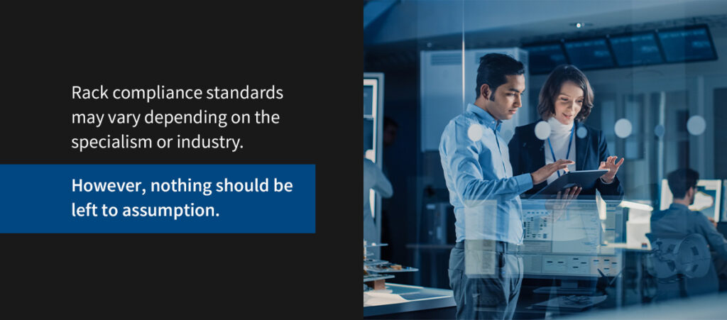 Two professionals reviewing compliance documentation on tablet with text: Rack compliance standards may vary depending on specialism or industry, however nothing should be left to assumption - Emcor Enclosures