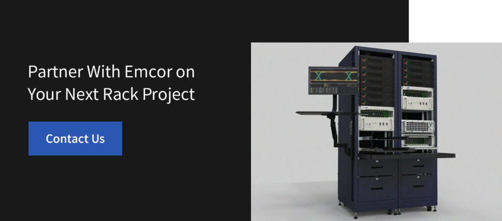 Professional rack enclosure system with integrated monitor, server equipment, and storage components - Partner With Emcor on Your Next Rack Project call-to-action - Emcor Enclosures